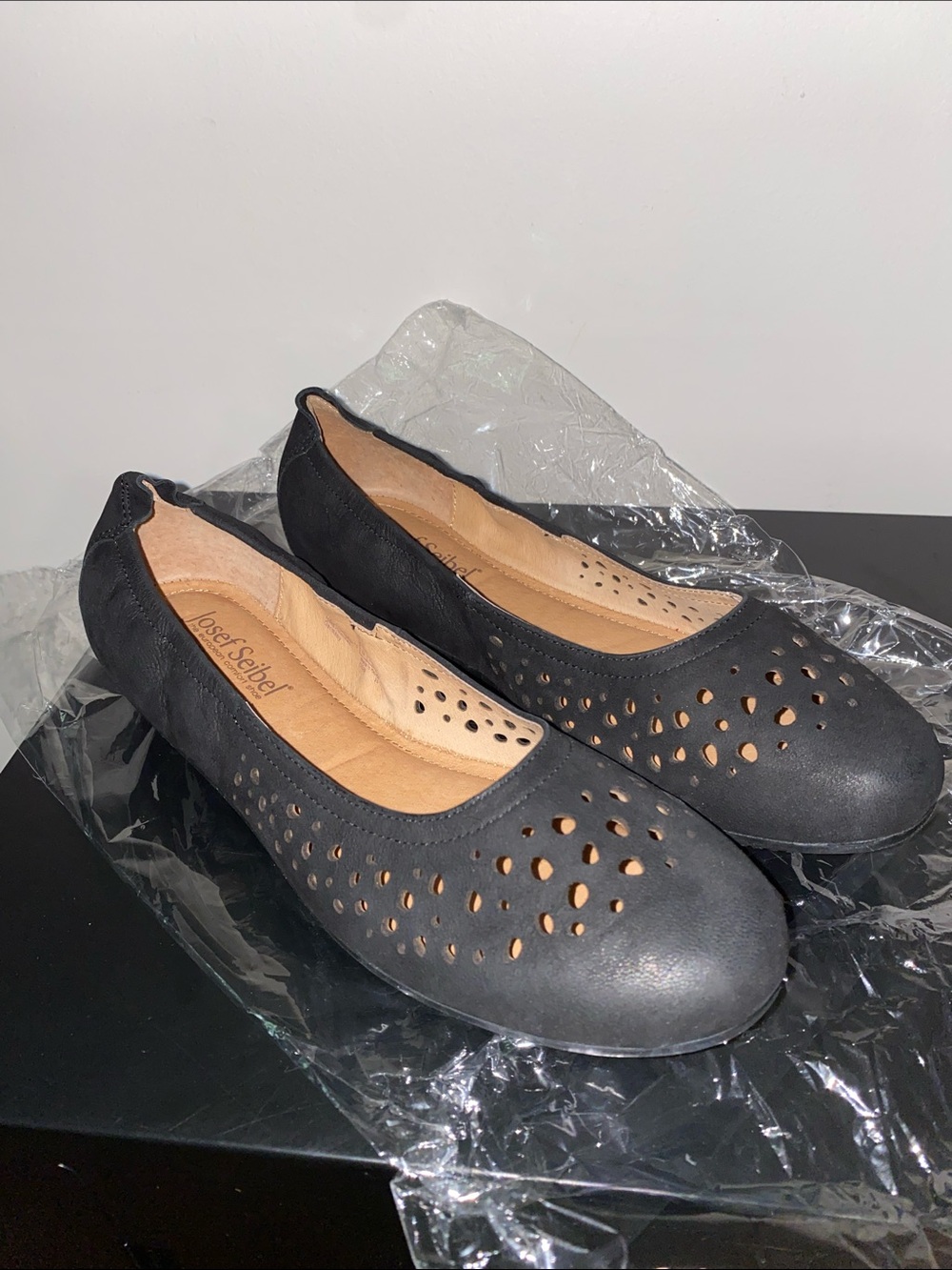 Josef Seibel Black Perforated Slip-On Leather Flats